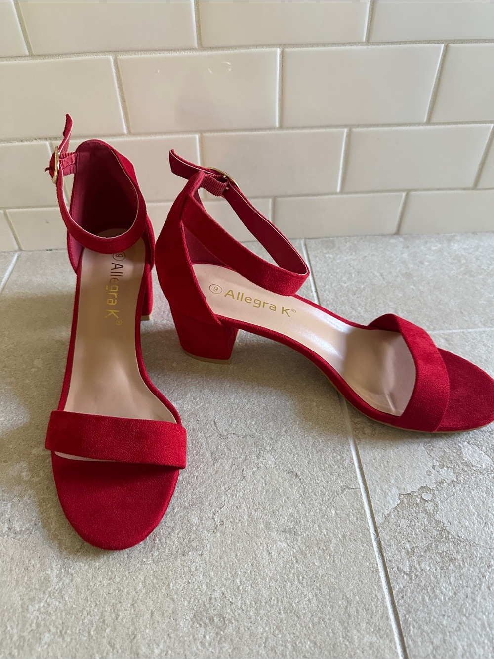 Allegra K Red Faux Suede Ankle-Strap Block Heel Sandals